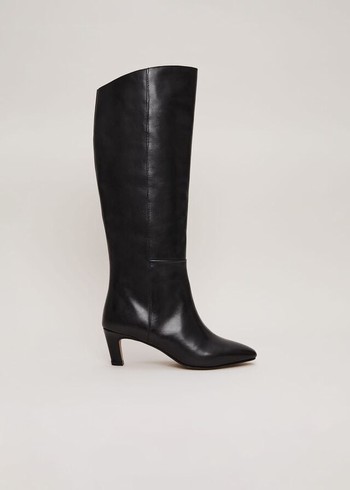 Phase Eight Black Leather Kitten Knee Boots Black Canada | LIRPAK-895